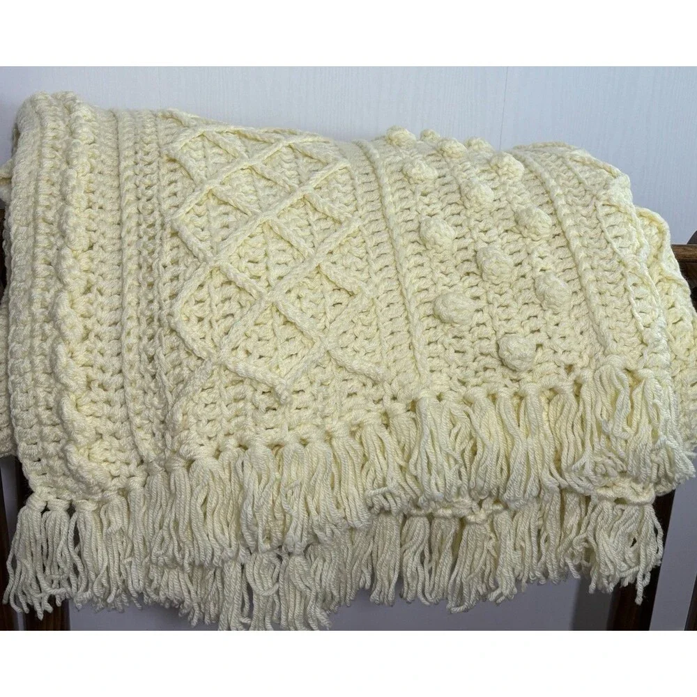 Crochet Afghan Throw Blanket Yellow 3D Nolan Aran Diamond Bobble Fringe Handmade